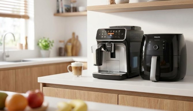 Philips háztartási gépek, LatteGo kávéfőző és Ovi fritőz egy modern konyhában