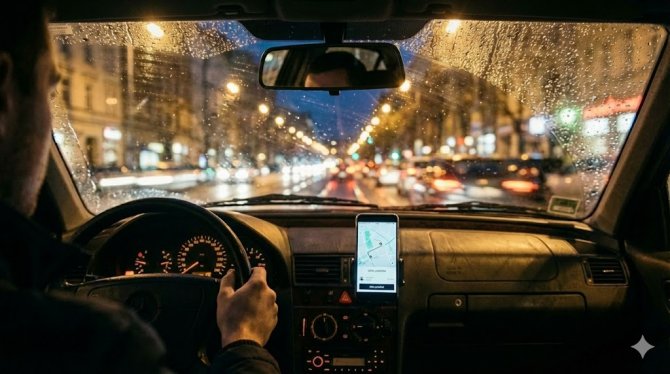 Pillantás az Uber sofőr helyéről éjszakai autózás közben esőben. Az ingyenes utazáshoz navigációt mutató okostelefon a tartóban van rögzítve