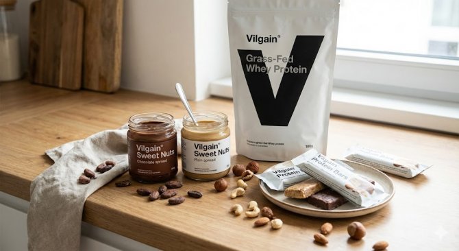 Esztétikus kompozíció a Vilgain termékeiből a konyhapulton, beleértve a Sweet Nuts krémeket, a Grass-Fed fehérjét és a proteinszeleteket minimalista csomagolásban.