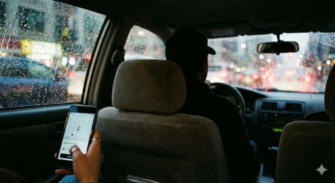 Az utas egy okostelefont tart a kezében az Uber alkalmazással és egy kedvezménykóddal utazás közben a hátsó ülésen