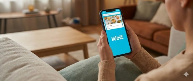 K&ouml;zeli k&eacute;p egy okostelefont tart&oacute; k&eacute;zről, megnyitott Wolt alkalmaz&aacute;ssal az egyszerű online &eacute;telrendel&eacute;shez.