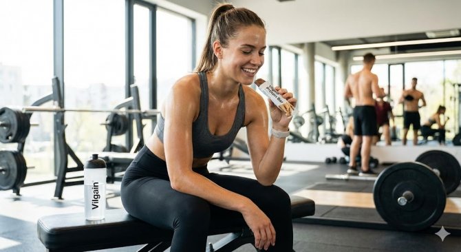 Fiatal nő sportruházatban Vilgain proteinszeletet eszik edzés után, szimbolizálva az egészséges életmódot és a Clean Label termékeket.
