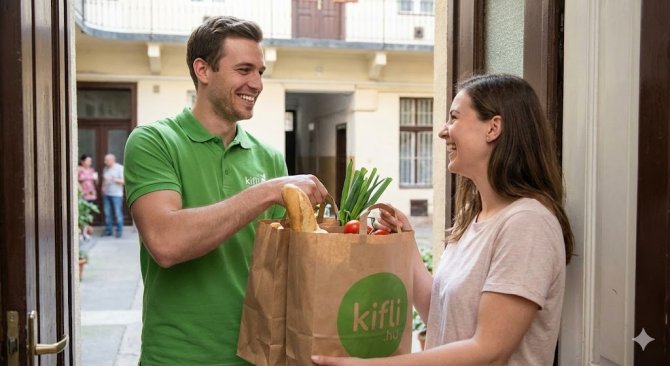 Egy mosolygós, zöld pólós Kifli.hu futár az ajtóban állva adja át a friss élelmiszerekkel teli, Kifli logós papírzacskókat egy boldog vásárlónak