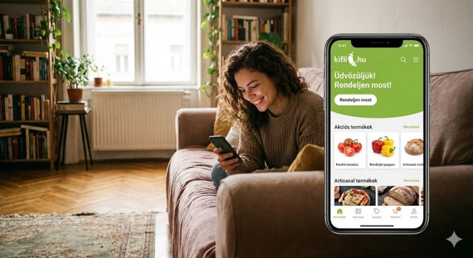 Egy fiatal nő mosolyogva böngészi a Kifli.hu mobilalkalmazást az okostelefonján, miközben egy hangulatos lakás kanapéján pihen. A képernyőn friss élelmiszerek kínálata látható