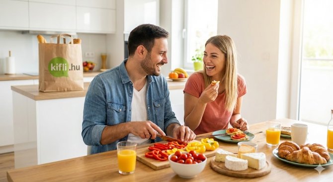 Egy vidám pár nevetve reggelizik egy napsütötte konyhában, friss alapanyagokkal teli asztal mellett. A háttérben, a konyhapulton egy Kifli.hu bevásárlótáska látható