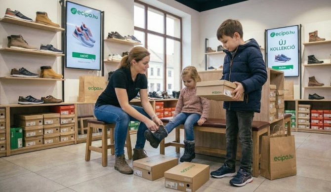 Elad&oacute; seg&iacute;t a gyerekeknek &uacute;j t&eacute;li csizm&aacute;t pr&oacute;b&aacute;lni az ecipo.hu boltj&aacute;ban