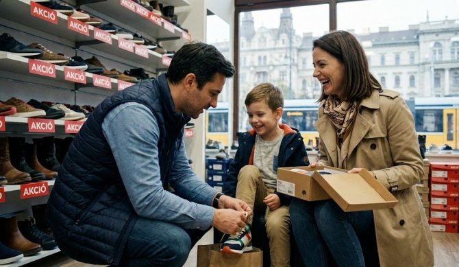 Apa bek&ouml;ti kisfia &uacute;j cipőj&eacute;t az &uuml;zletben, h&aacute;tt&eacute;rben az akci&oacute;s polcok l&aacute;that&oacute;k